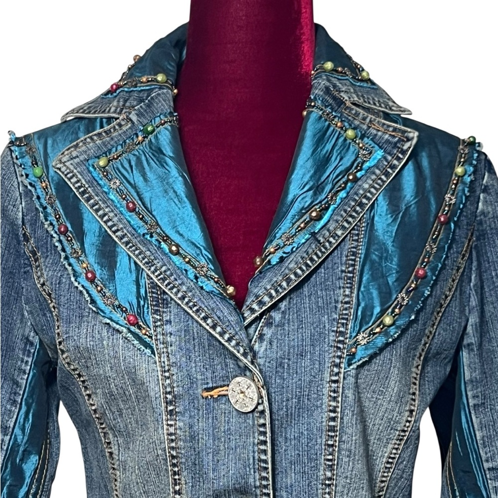 Y2K Cache Embellished Denim Jacket Sz 6 Beaded Lace Glam Boho Fairy Gypsy Boho - Picture 2 of 16
